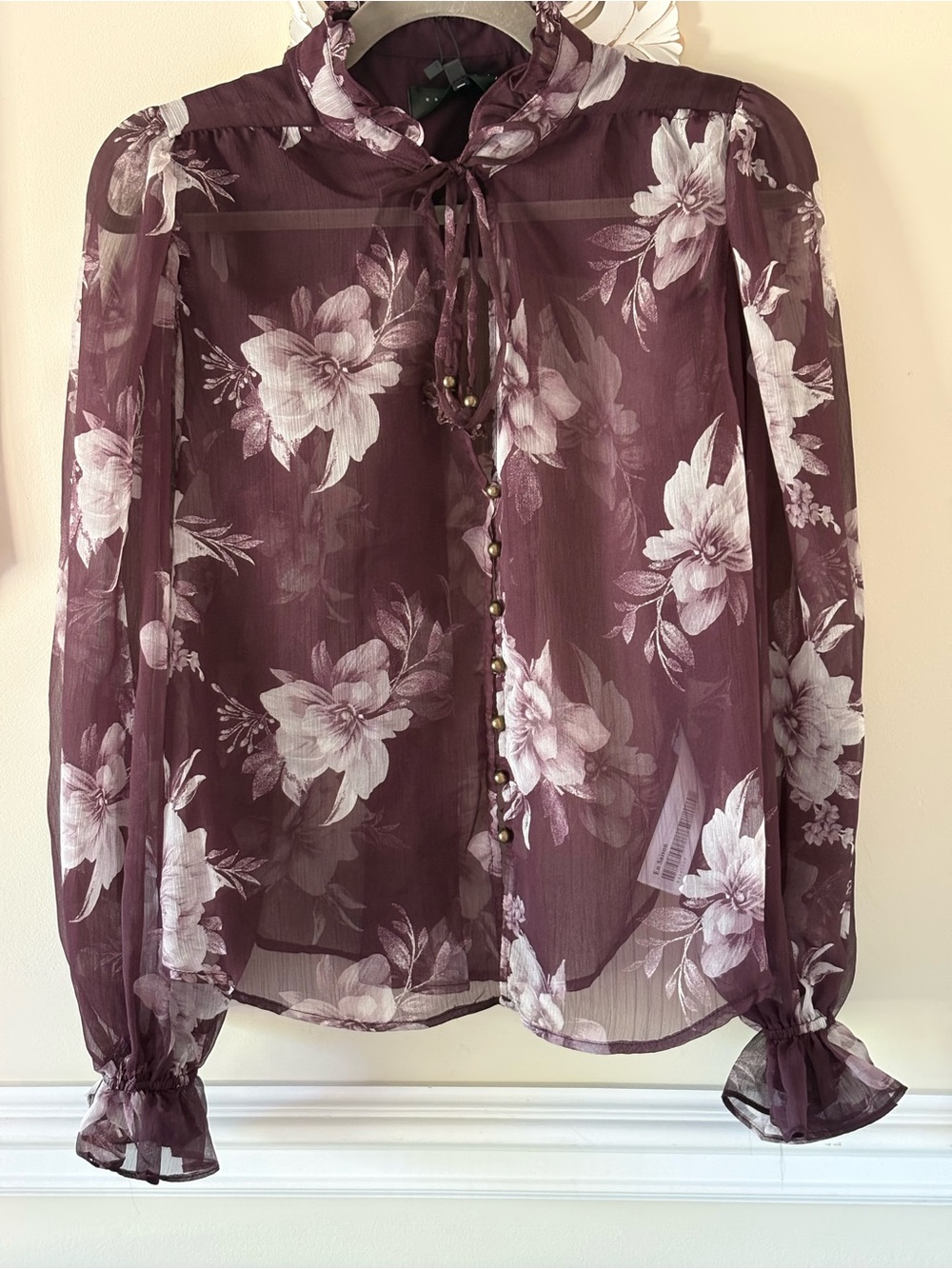 En Saison Plum Floral Sheer Tie-Neck Blouse